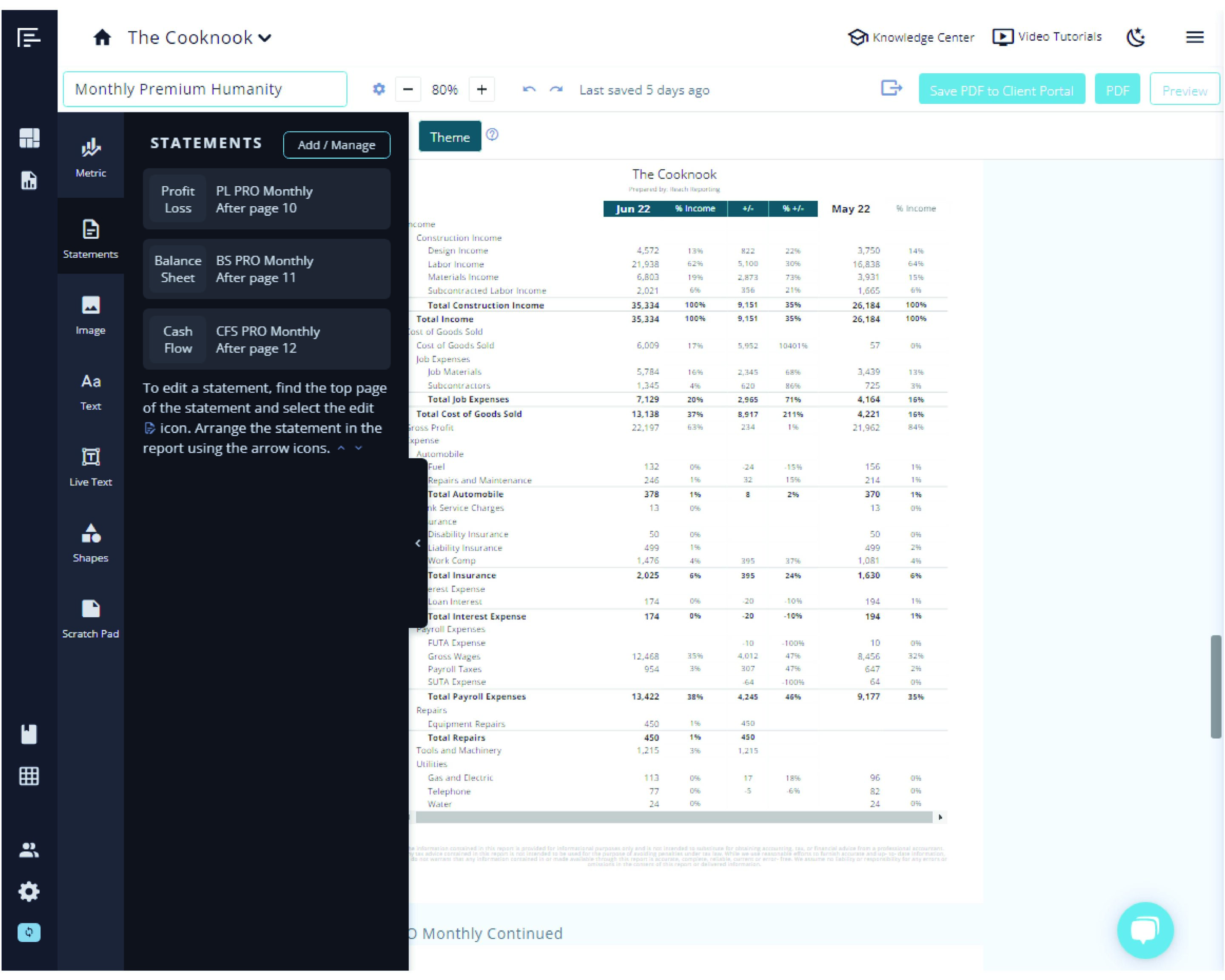Display of financial spreadsheets with Reach Reporting.